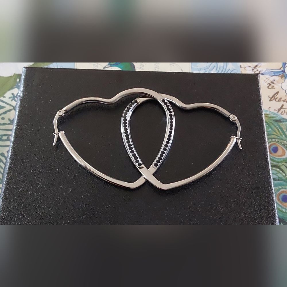 Trendy 45mm Heart Hoop Earrings with Black Spinel Gems